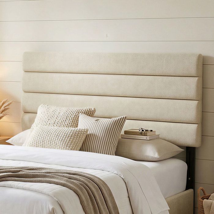 Tête de lit 140 cm tapissée en lin beige hauteur réglable 3 niveaux 106/116/126 cm fixation murale