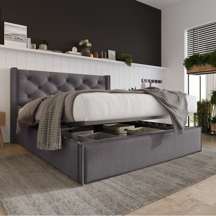 COVREO Lit coffre 140 x 200 cm gris avec relevage hydraulique sommier à lattes et matelas inclus