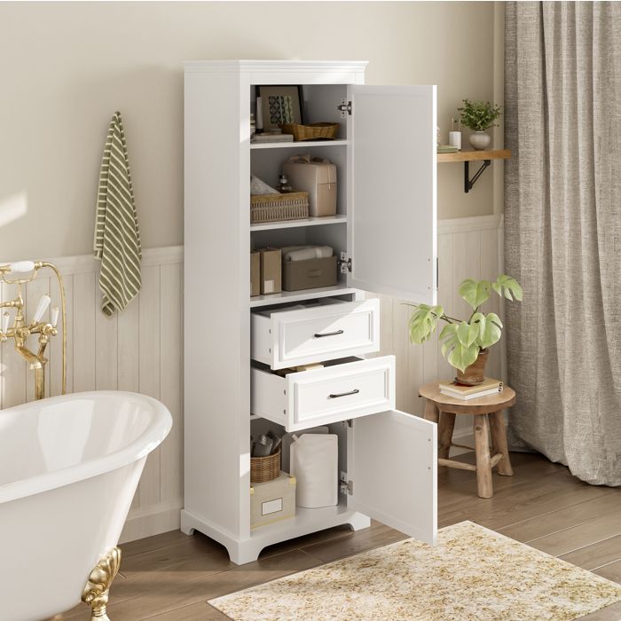 Colonne de salle de bain en MDF blanc 60 x 40 x 180 cm 2 portes 2 tiroirs étagères réglables