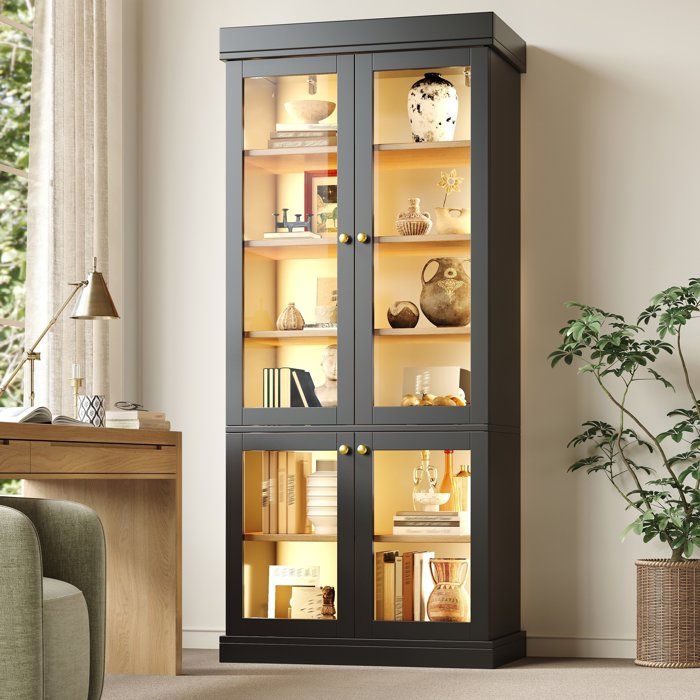 Vitrine Lumineuse Noir - Bibliothèque - en Verre - avec Éclairage LED Vertical Double et 4 Portes Vitrées - Style Moderne