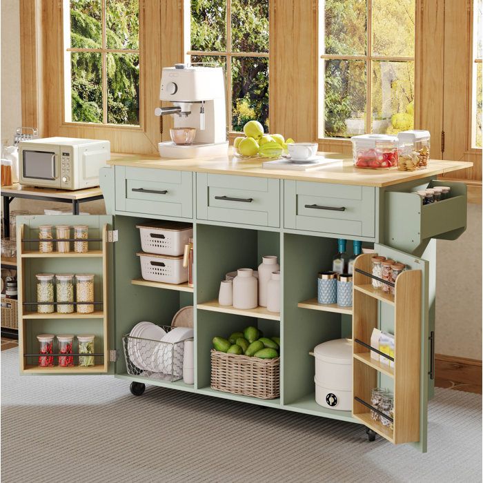 Desserte De Cuisine Vert Antique Ilot De Cuisine FloraGrace Pour Cuisine Plateau Rabattable 139x46(71)x91 5cm