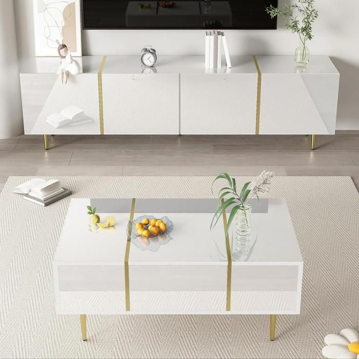 Meuble TV et table basse - KOMHTOM - Laqué moderne - Blanc laqué - MDF - 170x35x46 & 100x60x41.5 cm Meuble TV et table basse - KOMHTOM - Laqué moderne - Blanc laqué - MDF - 170x35x46 & 100x60x41.5 cm