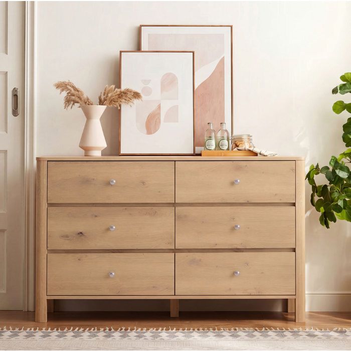 Commode avec 6 Tiroirs - TCQPZ - Glissières Métalliques et Grand Rangement - Panneaux de Particules - Chêne