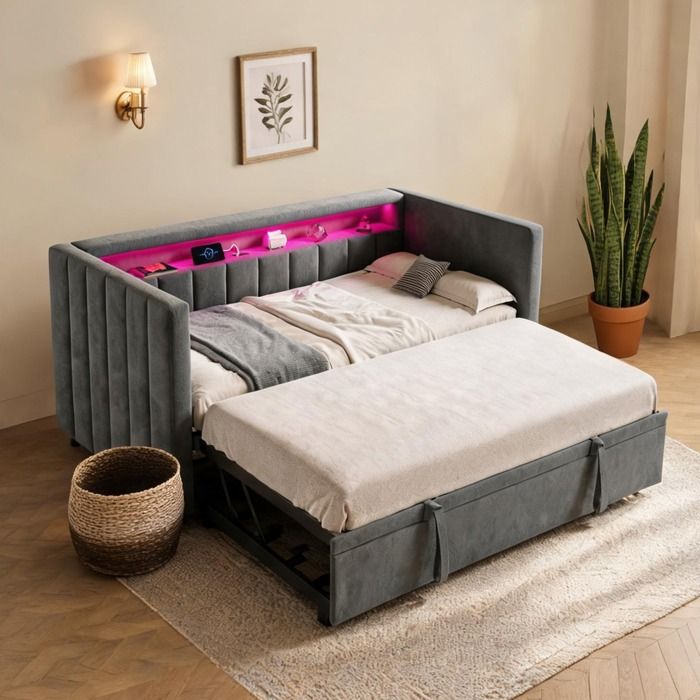 Velours gray-toned canapé-lit gigogne 90x190 cm avec éclairage LED port USB-C et coffre – Design boutonné pour salon ou chambre
