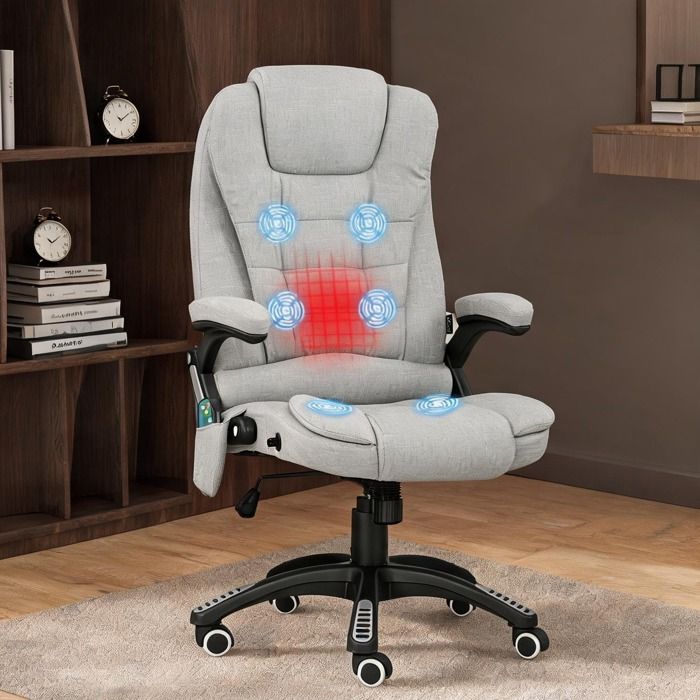 Fauteuil de bureau chauffant et massant 6 points en polyester gris clair dossier inclinable 120° et hauteur réglable