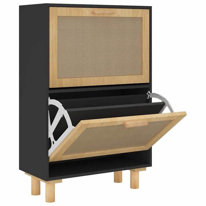 Bois Armoire à chaussures Meuble d Entrée Couloir Étagère de rangement Noir 52x25x80 cm(bonne ventilation) Bois dingénierie/rotin