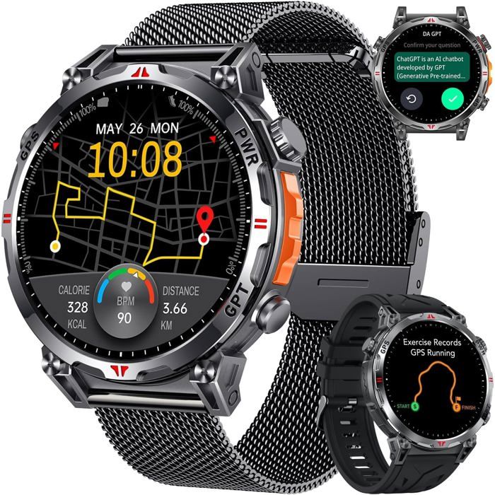 Montre Connectée Homme Gps Smartwatch - Boussole Assistant Gpt Ai Baromètre Altimètre Appel Bluetooth Ca An Ai 650Mah Batterie 3At