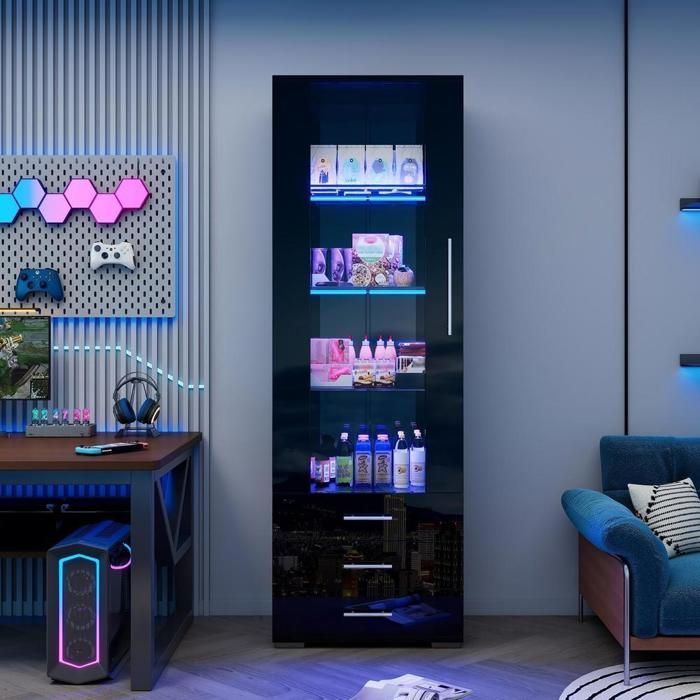 Vitrine / meuble vitrine - KOMHTOM - 60 x 35 x 180 cm - Noir brillant - LED pilotable via app - 1 porte 3 tiroirs Vitrine / meuble vitrine - KOMHTOM - 60 x 35 x 180 cm - Noir brillant - LED pilotable via app - 1 porte 3 tiroirs