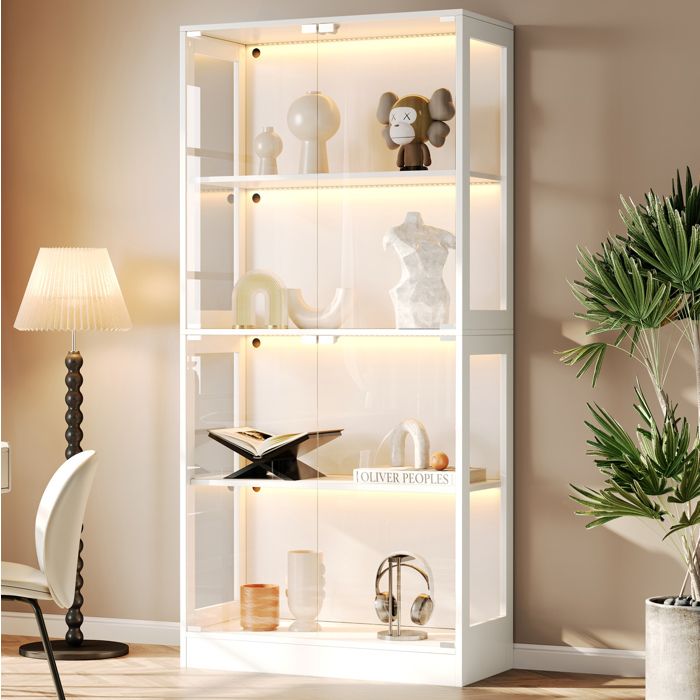 Vitrine LED En Verre Blanc 4 Niveaux Meuble De Presentation FloraGrace Pour Salon Ou Bureau Portes Push-To-Open 80x35x170cm