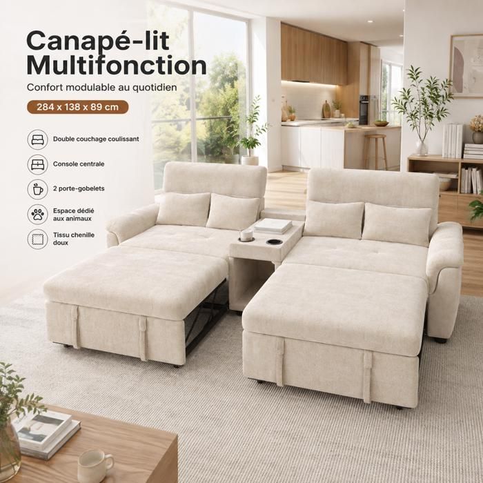 Canapé convertible en U 4 places 284x138x89cm Chenille Beige 4 Coussins 2 Porte-gobelets Espace animal