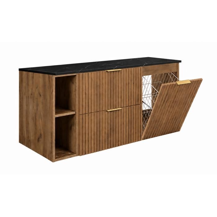 Meuble sous vasque - Chêne Craft / Plan noir / Poignées dorées - 120 cm - Panier à linge - Suspendu