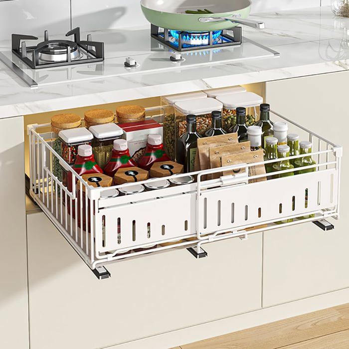 Organiseur de cuisine métallique blanc 1 pièce - tiroir coulissant silencieux et extensible 32 à 50 cm