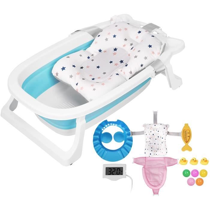 SWANEW Baignoire BéBé, Baignoire Pliable,Baignoire Bebe Avec Détection De Température, Portable Tout-petits,Baignoire BéBé Avec Tapis Antidérapant, Avec Arrosoir Pour Bébé, Pour Bebe 0-6 Ans (Bleu
