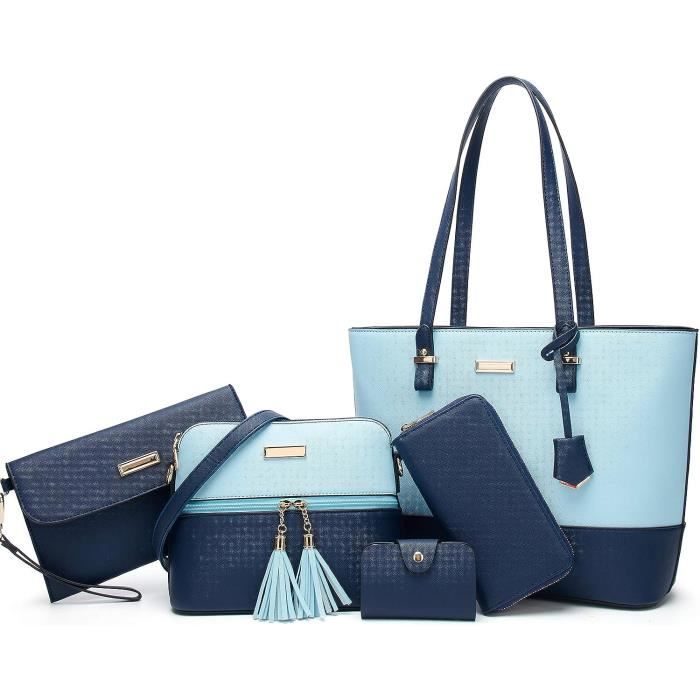 Sac à Main Femme Fourre-tout Simili Cuir Bleu Et Noir Bandoulière