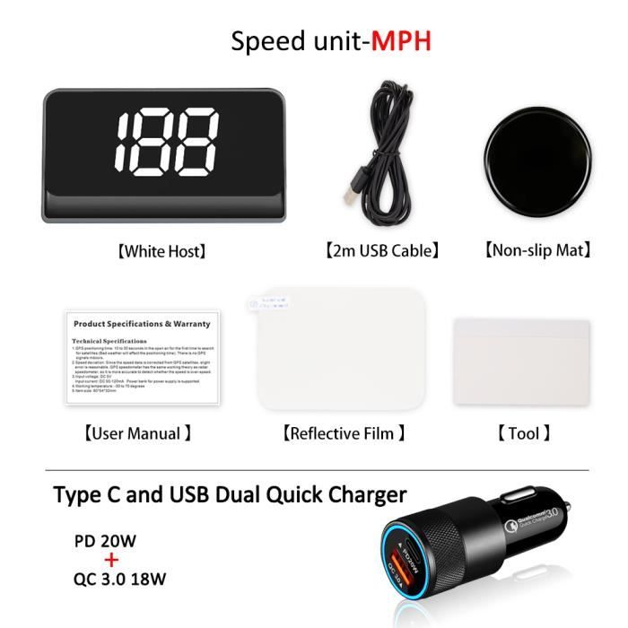 MPH-Cigarette-Blanc - Projecteur de vitesse de pare-brise, GPS HUD, Compteur  de vitesse, 2 documents, Plug an - Cdiscount Auto