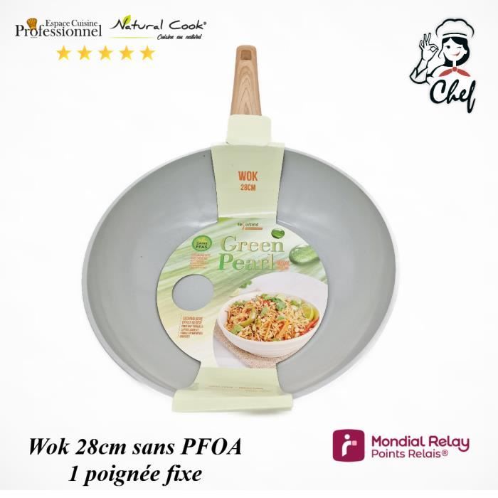 Wok 28cm - Grean Pearl - Céramique anti-adhésive - Manche fixe - Compatible tous feux