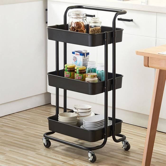 Chariot De Service Pliable 3 étagères - Capacité 350 Lbs - Noir - Aluminium Et HDPE