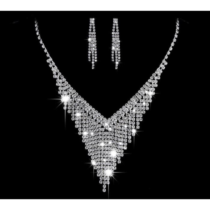 HapiBuy Parure De Bijoux De Mariée En Cristal Avec Collier Et Boucles D' Oreilles En Strass Pour Mariée, Demoiselle D'honneur, Mariage, Bal De Fin D' Année, Accessoires De Fête, Métal Cristal, Strass