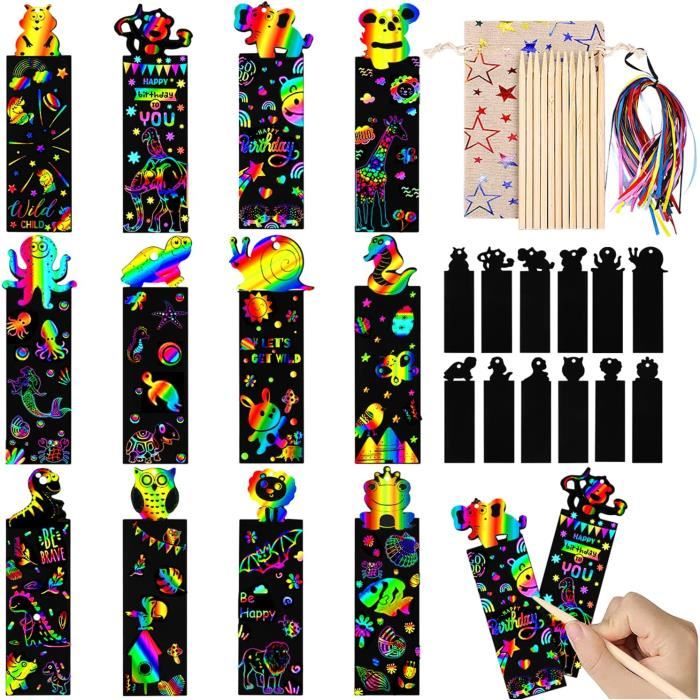 Kit De 48 Marque-Pages à Gratter Animaux Arc-en-Ciel - Avec 24 Bâtonnets Et 48 Rubans - Activité DIY Enfants - Cadeau Créatif