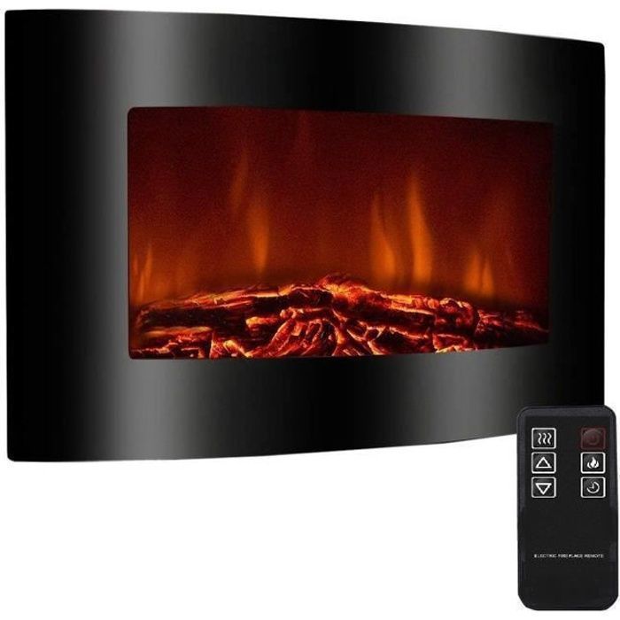 BREAKLING Cheminee electrique murale effet flammes LED r&eacute;aliste chauffage 2000W galb&eacute;e noire T&eacute;l&eacute;commande Thermostat &eacute;conomie denergie 
