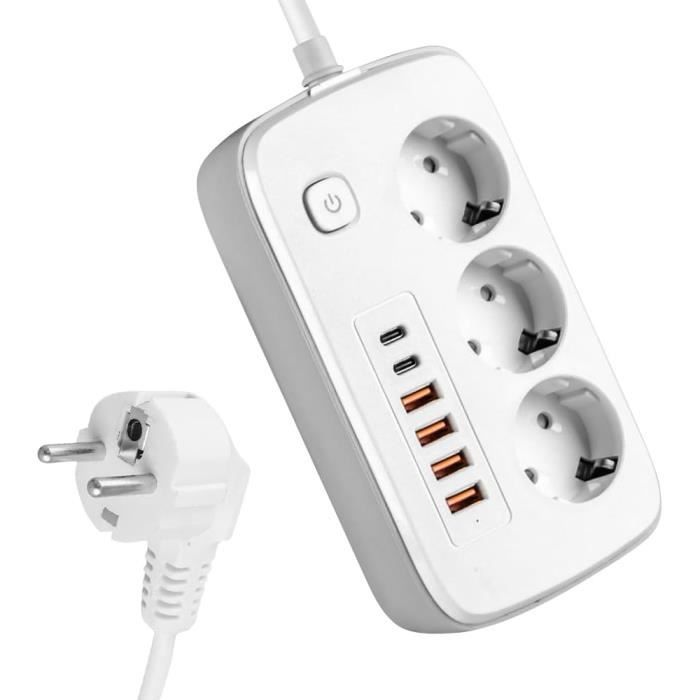 Regleta De Enchufes Con 3 Tomas, 2 USB Y 1 USB-C De Carga Rápida PD 20W - Cable De 2 Metros Enrollable
