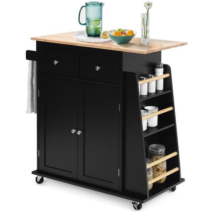 COSTWAY Desserte De Cuisine à Roulettes 67x37x86cm - Rangement Avec Tiroir, Porte-Bouteilles Et Placards, Noir