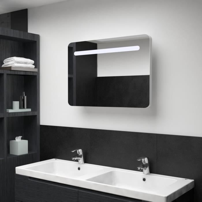 armoire de salle de bain à miroir led - fdit - blanc - 80cm - 2 étagères - usb