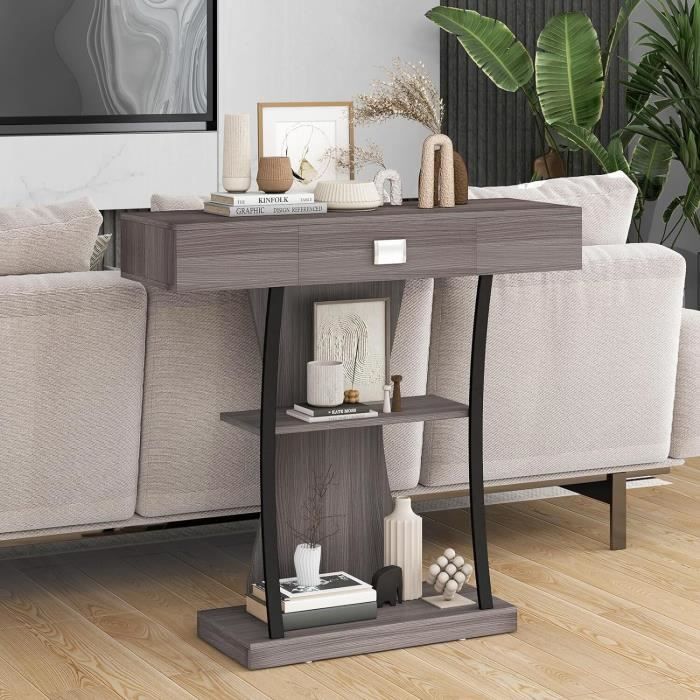 GIANTEX Console Meuble Entrée - Tiroir et 3 Étages - Table dAppoint en Bois Moderne - Cadre en Métal - 91x 30x 88 cm - Gris GIANTEX Console Meuble Entrée - Tiroir et 3 Étages - Table dAppoint en Bois Moderne - Cadre en Métal - 91x 30x 88 cm - Gris
