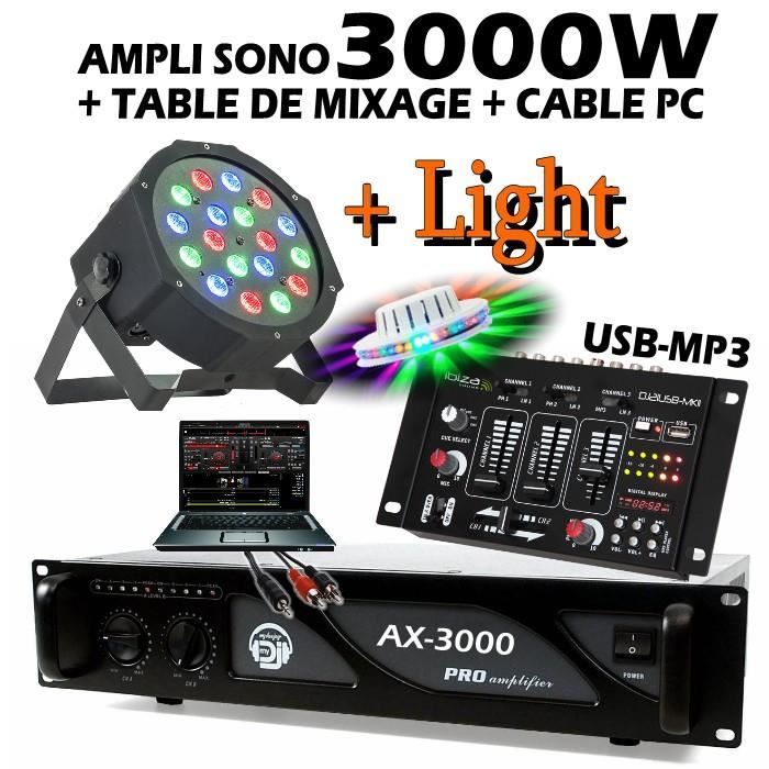 Pack SONO JEUX DE LUMIERE Table de Mixage USB + 1 Ampli 3000W + 1