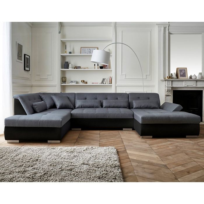vermont canape d angle panoramique en u en simili et tissu gauche couleur noir gris cdiscount maison