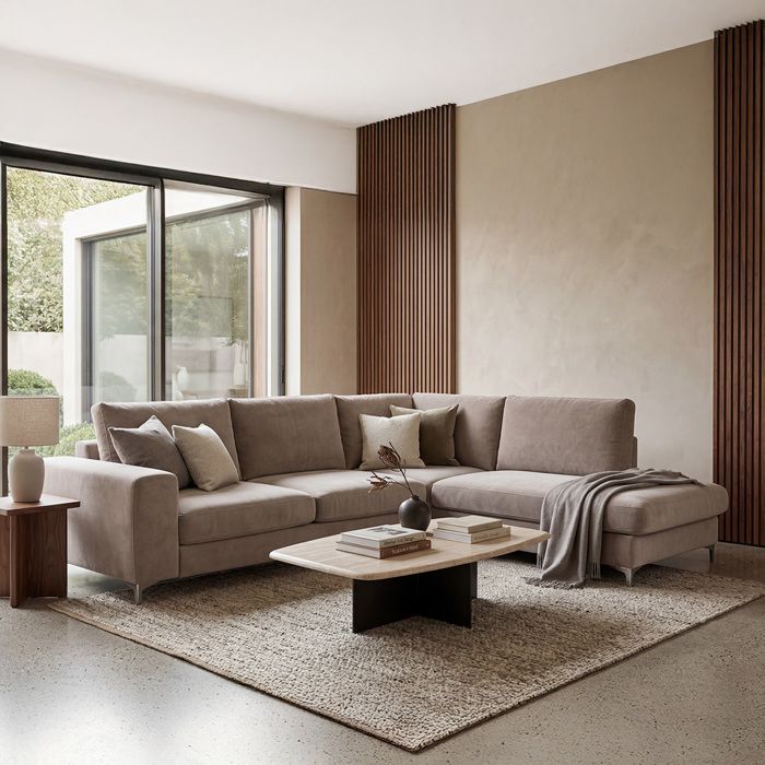 Canapé angle gauche Fiesole en velours beige - 4 places Canapé angle gauche Fiesole en velours beige - 4 places