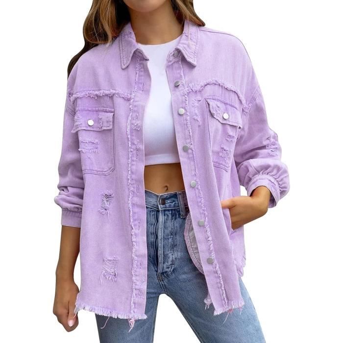 Veste en Jean Femme Blouson Manches Longues Dcontract Denim Jacket Vintage Jeans Jacket Couleur Unie Jean BlousonVAREUSE Violet Cdiscount Pret a Porter