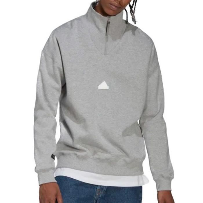 Sweat Homme Adidas Gris 1 4 Zip Coupe Standard Col Montant Base et Poignets Coteles