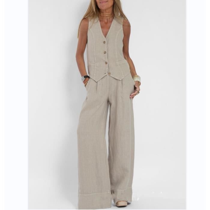Ensemble 2 Pieces Femme Coton et Lin Printemps Ete Tailleur Femme Ensemble Pantalon Gilet Large en Couleur Unie Costume Sexy abricot Abricot Cdiscount Pret a Porter