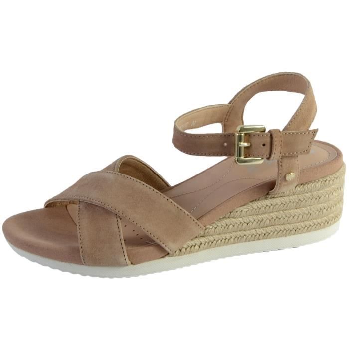 Sandales compensées Geox D Ischia Corda C en cuir de chèvre souple pour femme - Marron Dk Skin