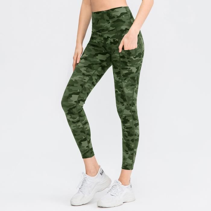 Legging de compression Femme Taille haute Stretch Camouflage 2 poches Fitness Vert