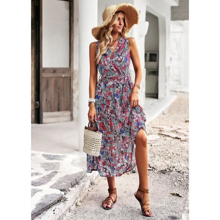 Robe femme chic et elegant Vacances ?� la plage d'?�t?� sans manches Col en V - Rouge Wine kekongji 