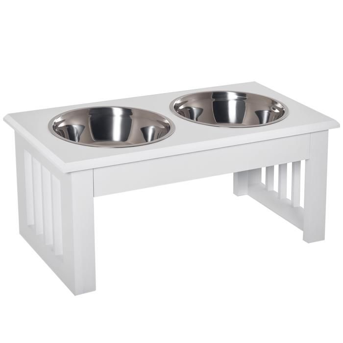Gamelles chiens - PawHut - surélevées double 2 gamelles 09 L acier inox incluses meuble - bois - 44x24x15cm - blanc