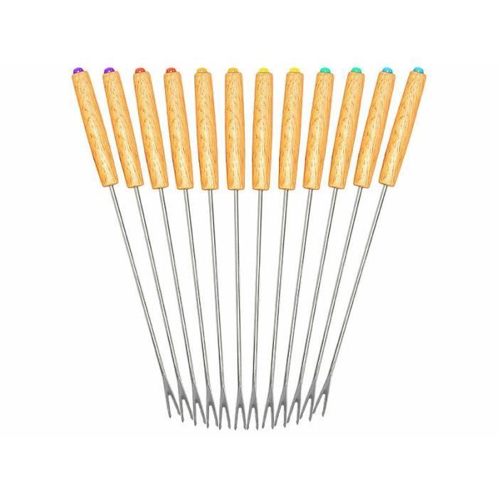 Lot De 12 Fourchettes à Fondue En Acier Inoxydable - Manche En Bois, Longueur 24 Cm - Pour Fromage, Chocolat, Viande - 11