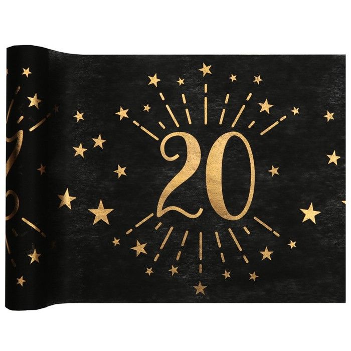 1 Chemin de table anniversaire 20 ans noir et doré or 30cm x 5m REF/6787