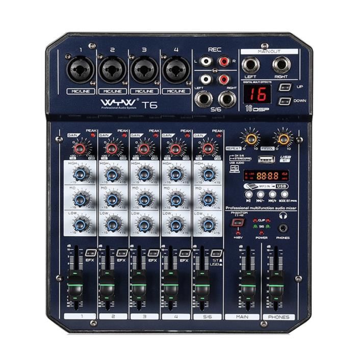 WYW 6 Canal Table de Mixage Audio Portable Console DJ avec Carte Son à Effet DSP, Bluetooth, USB
