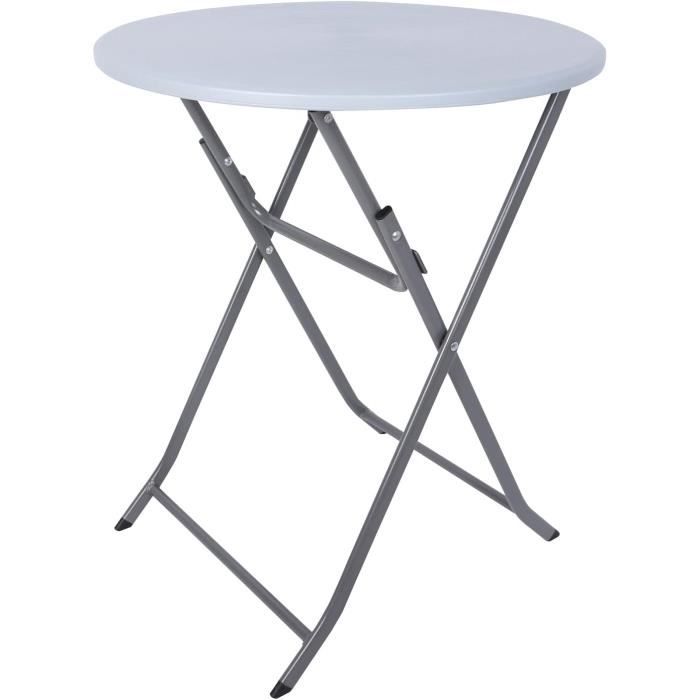 rebecca mobili table d'appoint ronde pliante pour l'extérieur, table de balcon, acier hdpe, gris clair, avec étagère effet bois,59