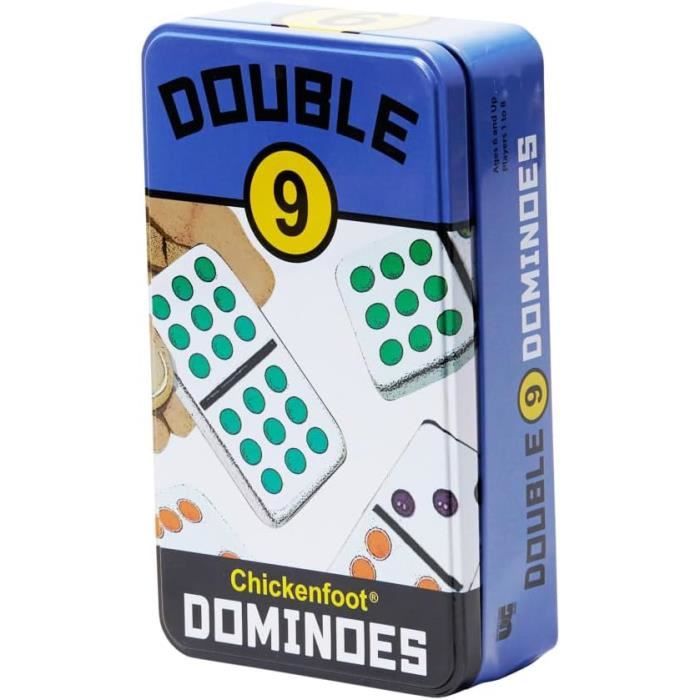 University Games Double 9 Dominos – Boîte Métallique, 1-4 Joueurs, Dès 8 Ans, Règles Incluses (Chickenfoot, Muggins, 42)