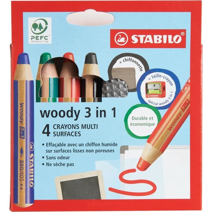 Etui carton x 4 crayons multi-talents STABILO woody 3in1 pour ardoises et tableaux blanc + 1 taille crayon + 1 chiffonnette - noir