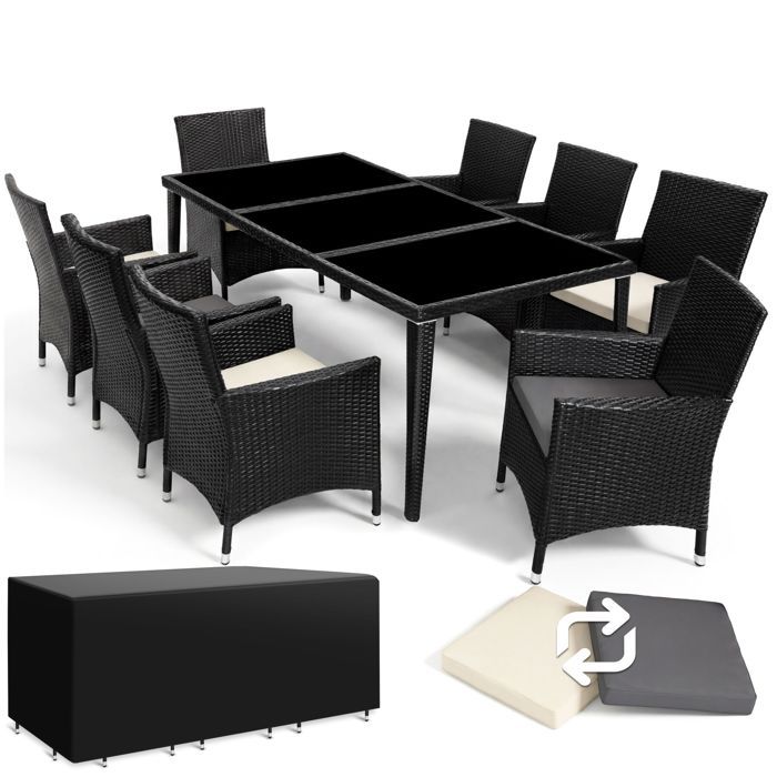 Salon de jardin - TECTAKE - Ensemble repas détente dextérieur MENORCA 8 personnes cadre en aluminium avec 2 sets de housse - Noir