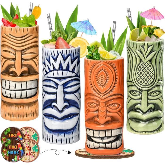 Lot De 4 Tasses à Cocktail Tiki En Céramique - Design Hawaïen Rétro, Peintes à La Main - Capacité 425-520 Ml - 1