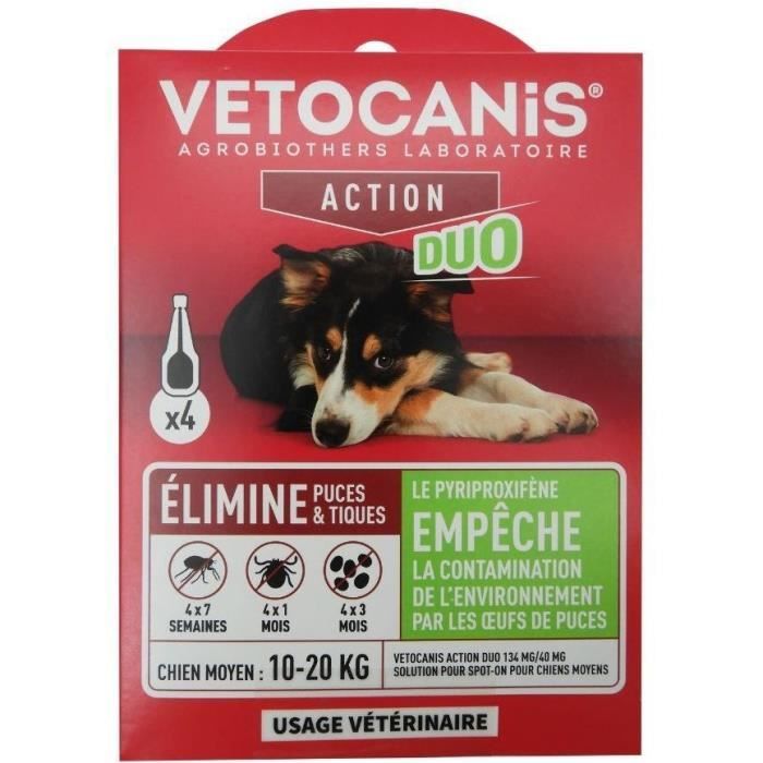 Comparer les prix de Pipettes - VETOCANIS - x4 Pipettes Anti-puces et tiques Duo 134mg/40mg pour Chiens Moyens