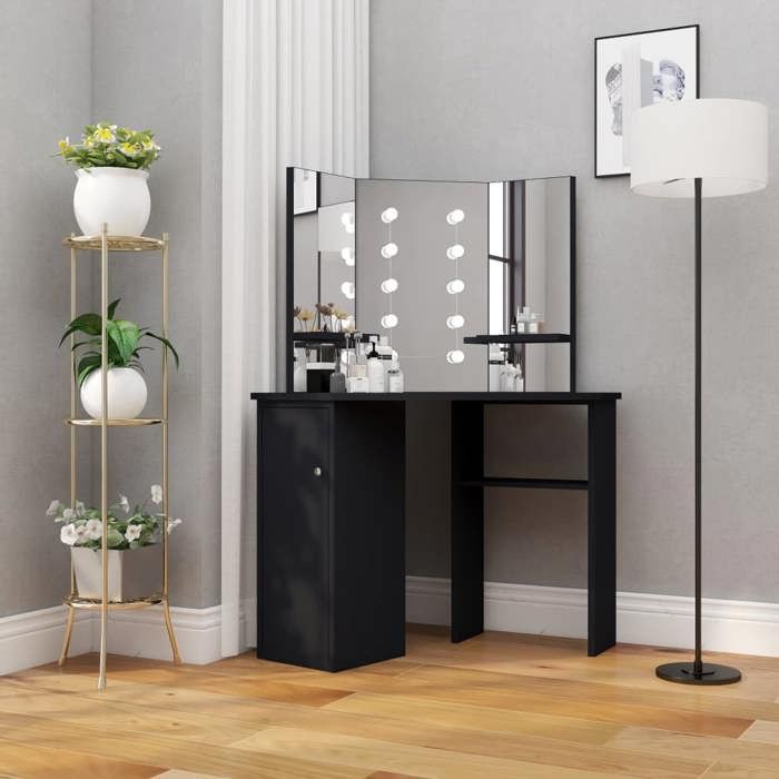 vidaXL Coiffeuse dAngle avec LED Table de Maquillage Table Cosmétique Meuble de Chambre à Coucher Maison Intérieur Noir 326534