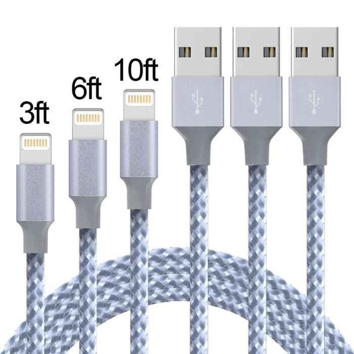 Lot De 3 Câbles Lightning 2m Nylon Tressé - Charge Rapide Pour IPhone 14/13/12/11/Pro/X/SE - Noir