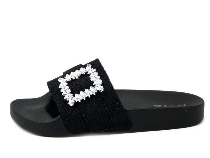 Mules pour Femme Plat– KEYS – Textile Noir – Boucle Bijou Noir